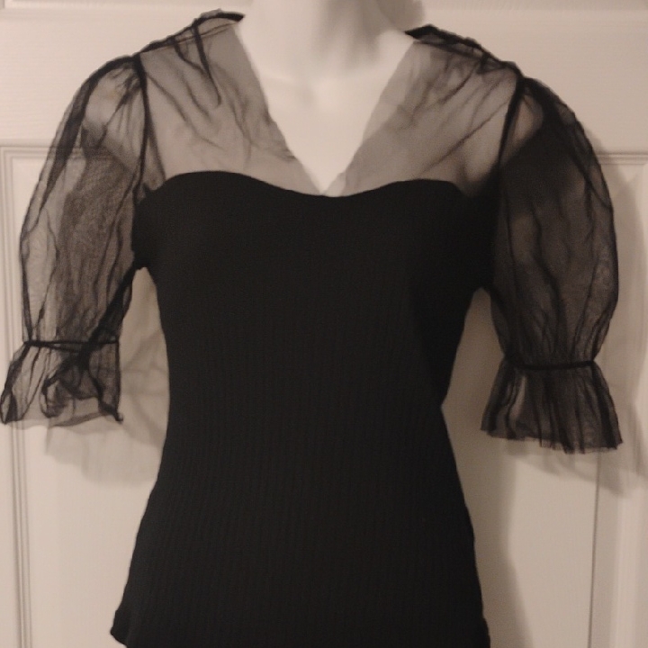 Shein Black Blouse With Sheer Sleeves